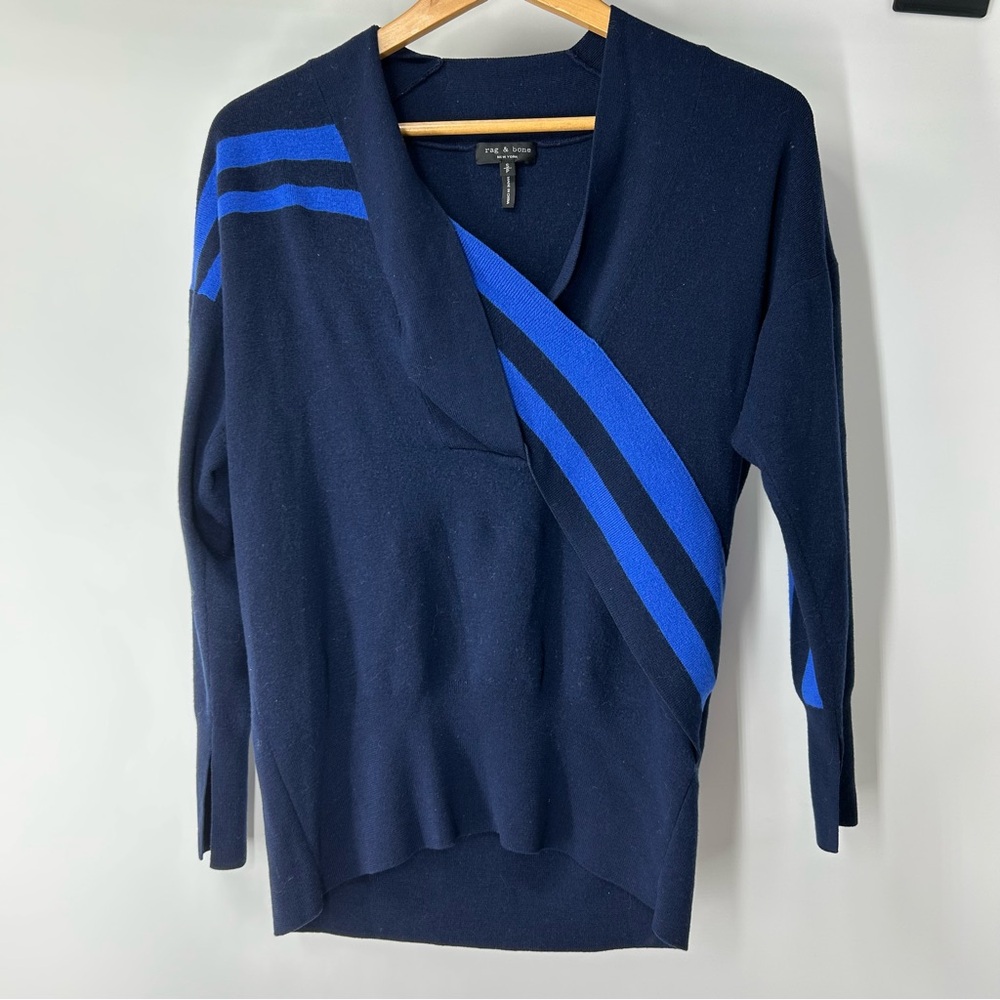 rag & bone Deep Blue V-Neck Sweater with Stripes